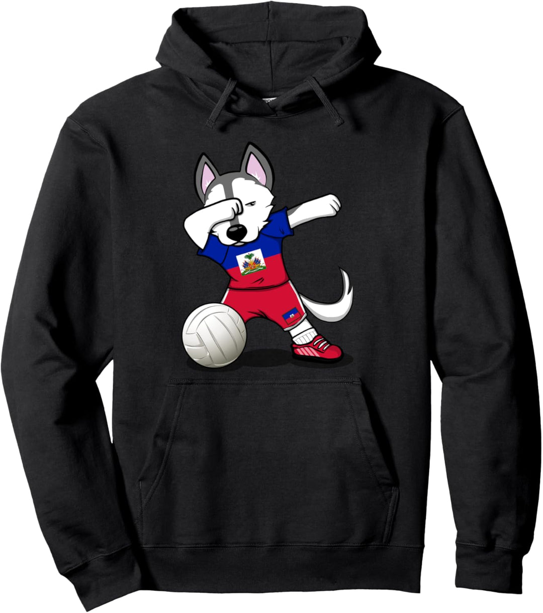 Dabbing Husky Hund Haiti Volleyball Mannschaft Flagge Sport Pullover Hoodie