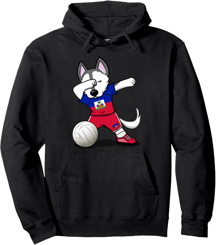 Dabbing Husky Hund Haiti Volleyball Mannschaft Flagge Sport Pullover Hoodie