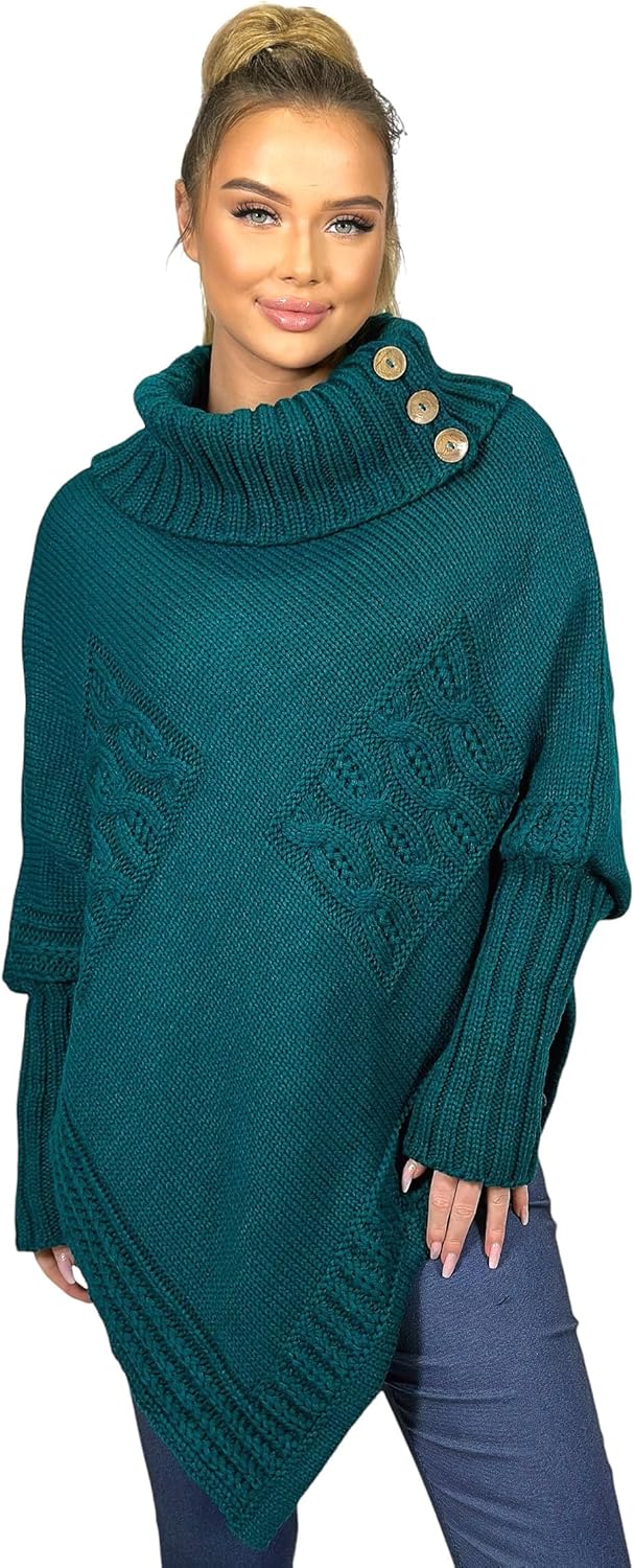 Mississhop Poncho Strick Sweatshirt Pullover Umhang Überwurf Einheitsgrösse Petrol, Einheitsgrösse P