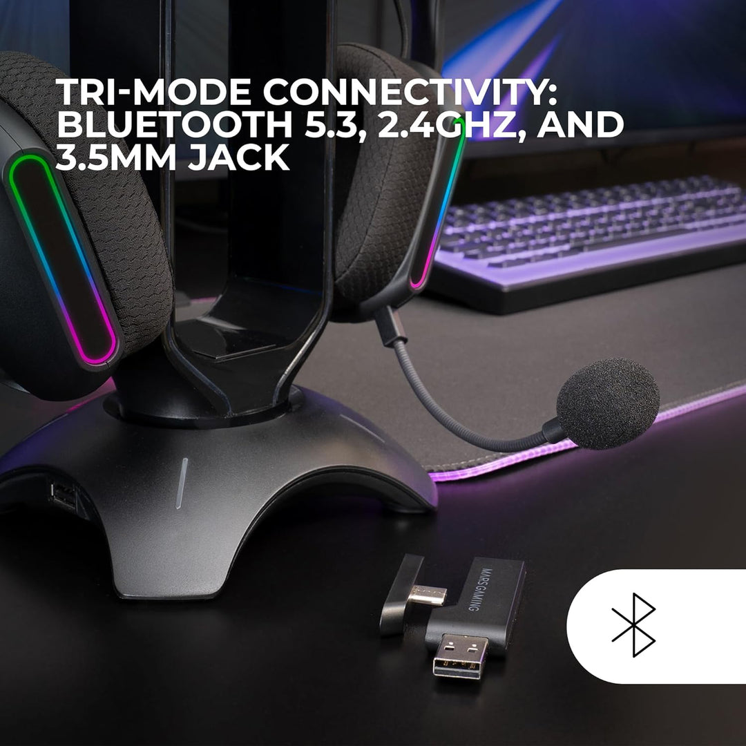 Mars Gaming MHW-PRO, Kabelloses Gaming-Headset ARGB Flow, 3D Surround Sound 7.1, Bluetooth 5.3 + 2.4