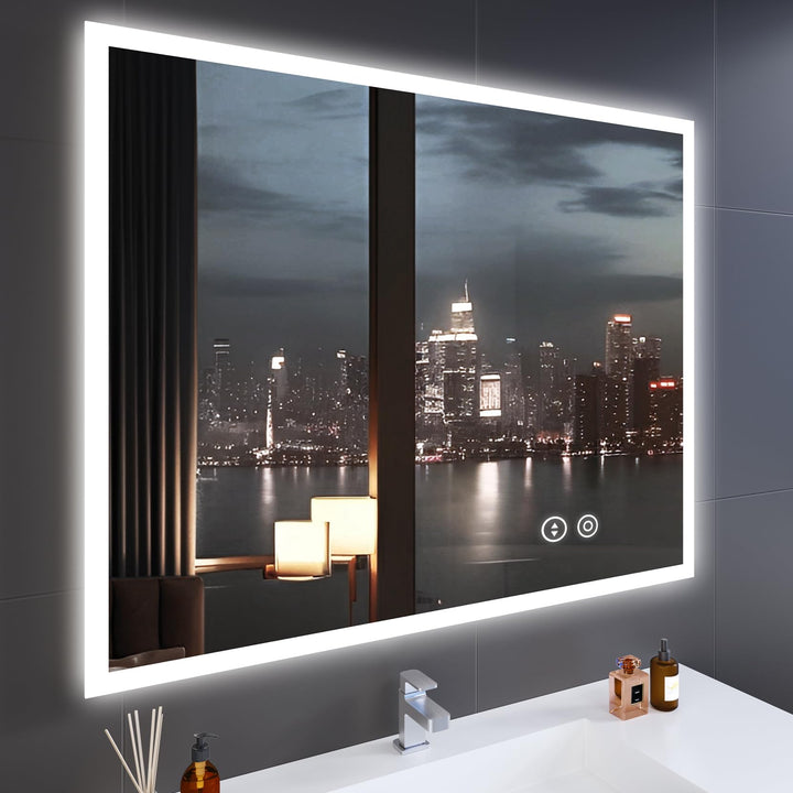 YOLEO Badspiegel mit Beleuchtung 100x80cm, Badezimmerspiegel LED mit Steckdose, Wandspiegel mit Touc