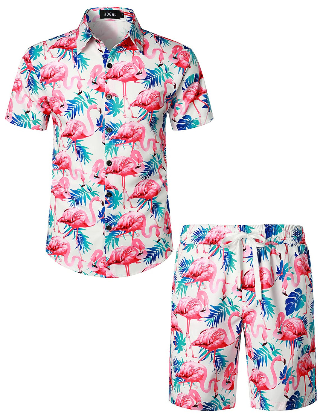 JOGAL Herren Hawaii Hemd Männer Flamingo Kurzarmhemd und Kurze Hose Set Strand Outfit Sommerhemd Für