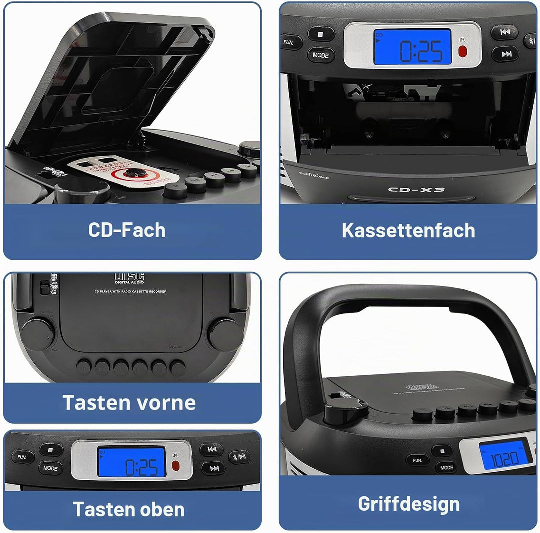 Tragbarer CD- &amp; Kassettenplayer mit Fernbedienung – Inklusive FM/AM-Radio, USB-Wiedergabe, Bluetooth