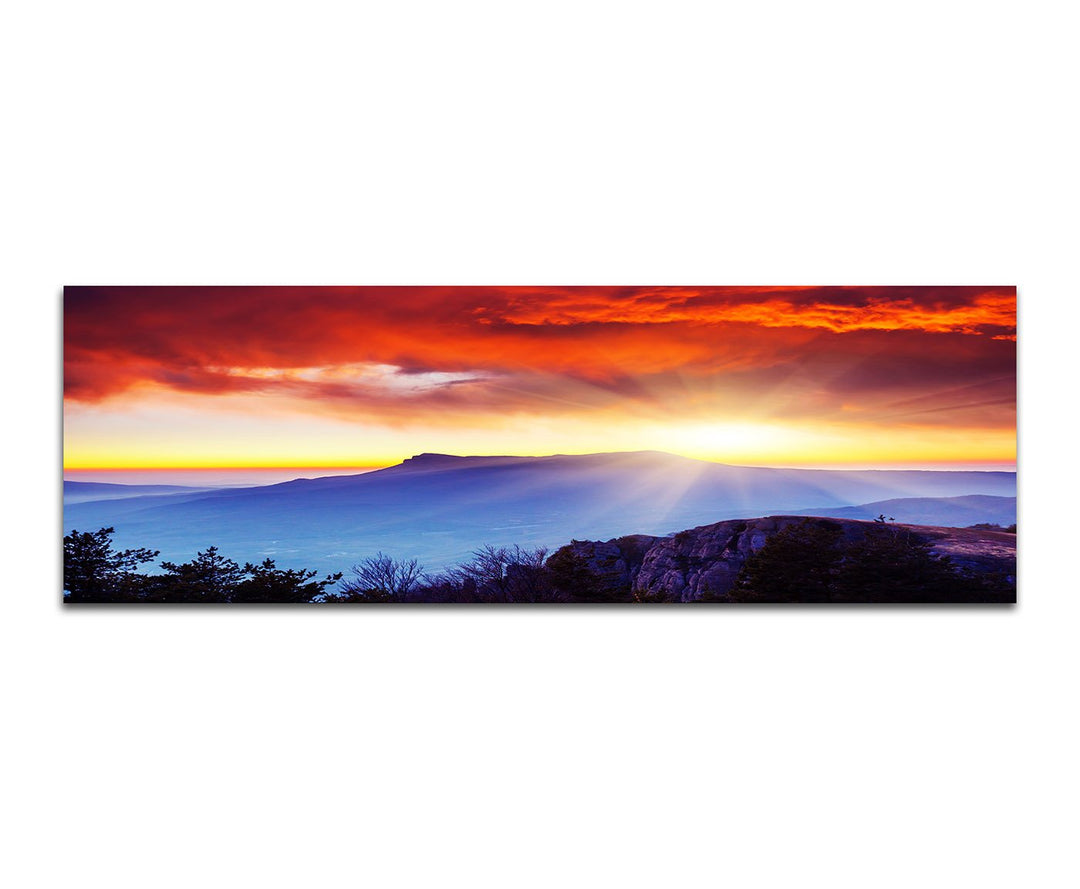 Paul Sinus Art Panoramabild auf Leinwand und Keilrahmen 150x50cm Landschaft Berge Wolken Sonnenstrah