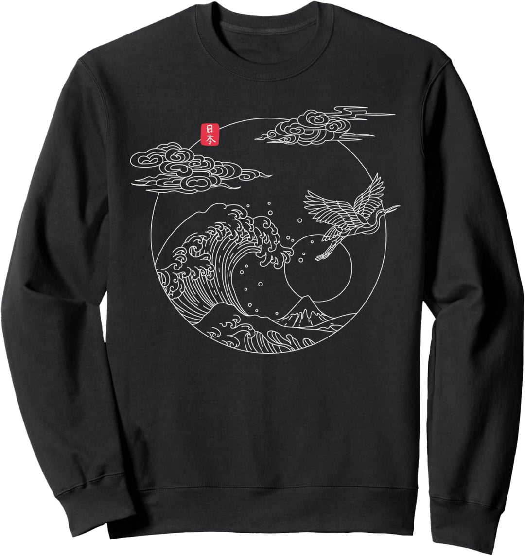 Japanische Vintage-Linien-Kranich Die grosse Welle vor Kanagawa Sweatshirt
