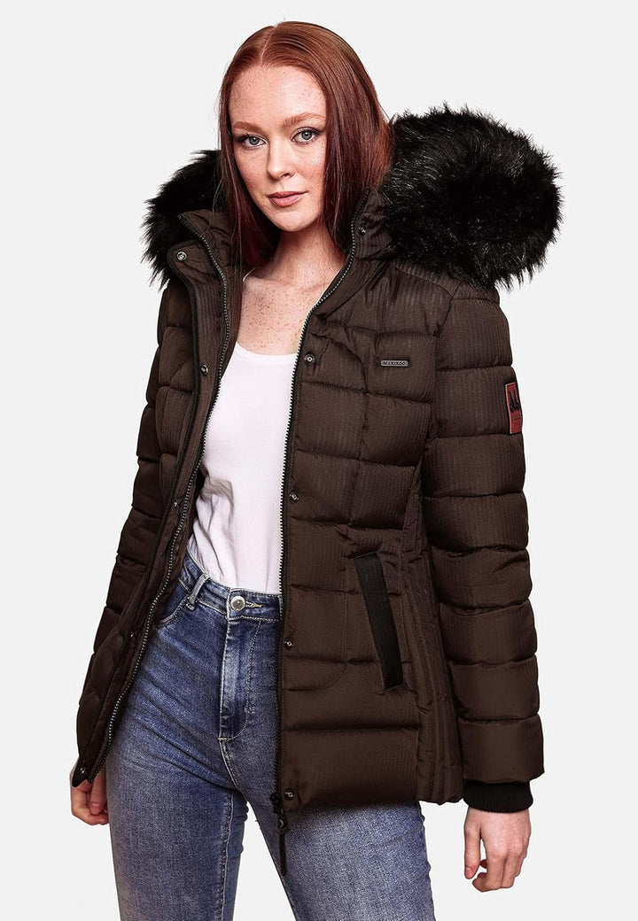 MARIKOO Damen warme Winter Steppjacke mit Kapuze Unique XS-XXL XS Dark Choco, XS Dark Choco
