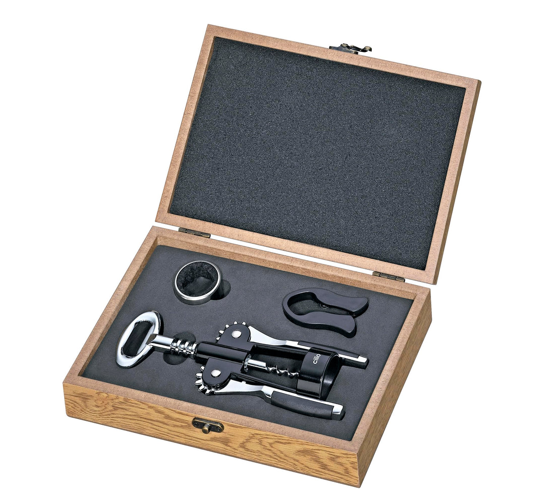 Cilio Weinset TOSCANA 3-teilig, Flügelkorkenzieher, Tropfenfänger, Folienschneider, Holzbox, Geschen