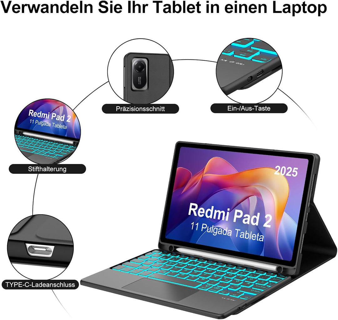 Hülle mit Tastatur für Xiaomi Redmi Pad 2 11 Zoll 2025 mit Trackpad, 7 Farben Beleuchtung, Magnetisc