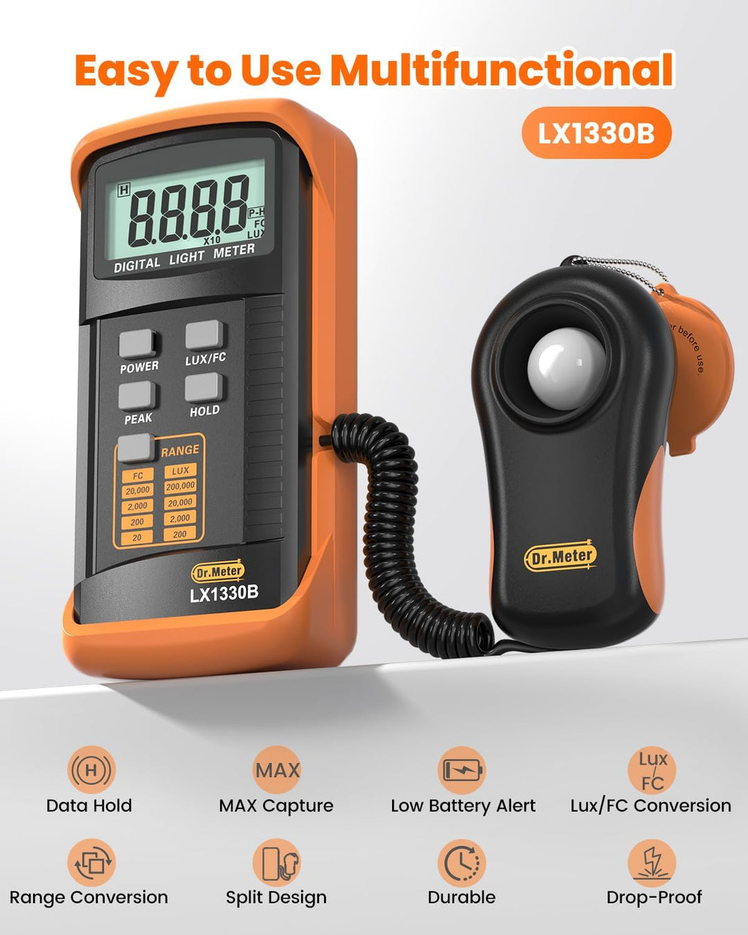 Dr.meter LX1330B Digital Luxmeter, 0-200.000 Messbereich Luxmeter mit 360° Drehbarem Sensor Beleucht