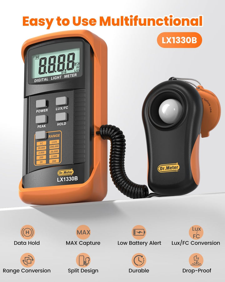 Dr.meter LX1330B Digital Luxmeter, 0-200.000 Messbereich Luxmeter mit 360° Drehbarem Sensor Beleucht