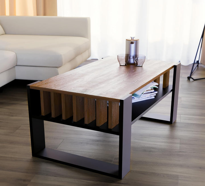 defiPad Couchtisch Eiche Schwarz im Lamellendesign mit Stauraum, 92x50 cm Schwarz + Eiche, Schwarz +