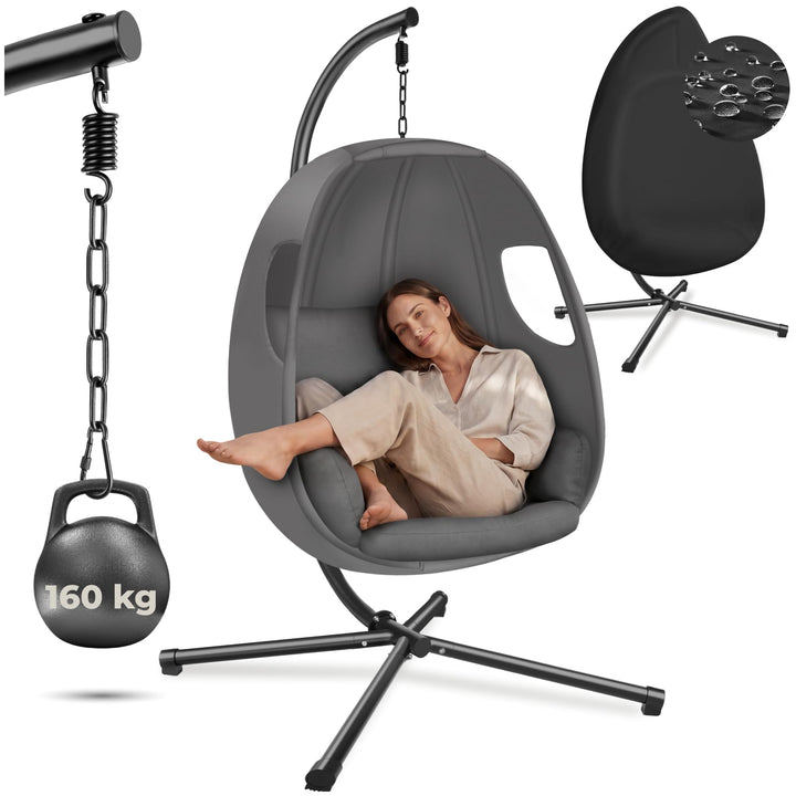 tectake® Hängesessel mit Gestell, Indoor oder Outdoor, Schaukel Sessel mit Kissen + Rückenkissen, Sc