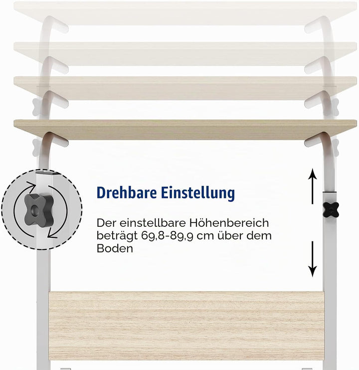 SogesHome Laptoptisch 80 * 40cm höhenverstellbar PC-Tisch mit Rollen, Betttisch, Beistelltisch,Klein