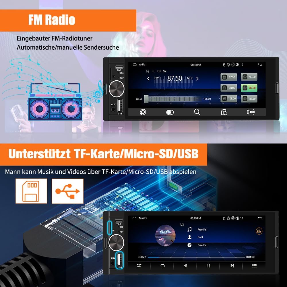 Junsun Smartes 1 DIN Autoradio mit 6,36 Zoll Touchscreen mit Rückfahrkamera | wired and wireless Car