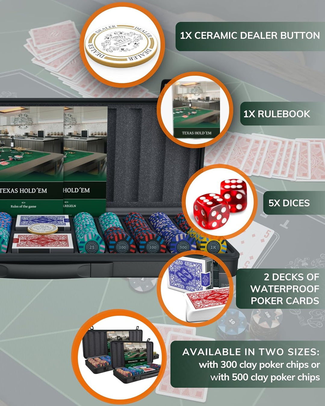 Bullets Playing Cards | Pokerkoffer „Salvatore“ mit 500 Clay Pokerchips 10g | Pokerset mit Karten, W