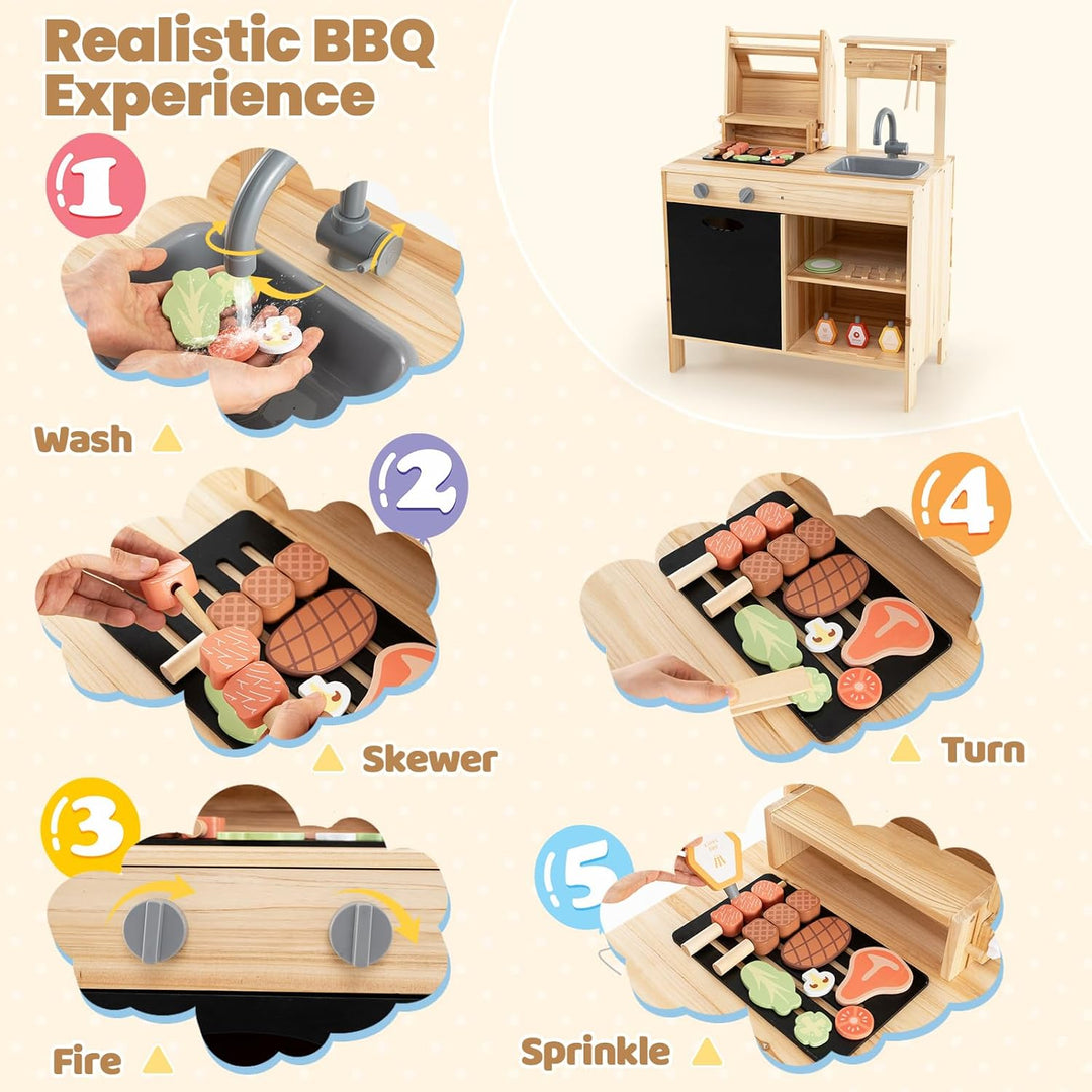 HOMASIS Matschküche Kinder Outdoor, Kinderküche mit BBQ-Grill Tafel Waschbecken Spüle, Spielküche mi