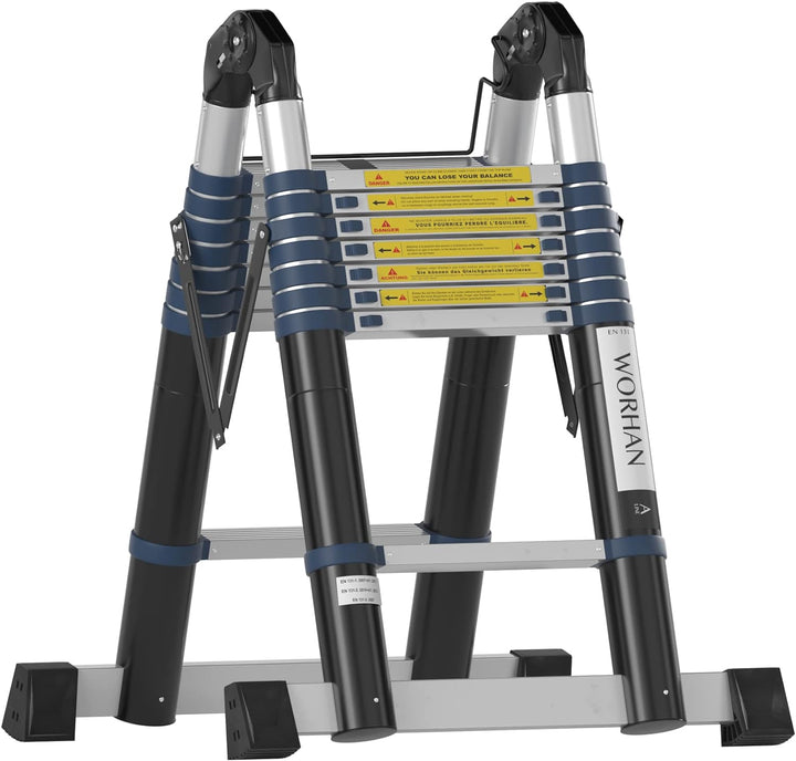 WORHAN® 5m TELESKOPLEITER 2 in 1 ANLEGELEITER KLAPPLEITER ALU TELESKOP LEITER MULTIFUNKTTIONS LEITER