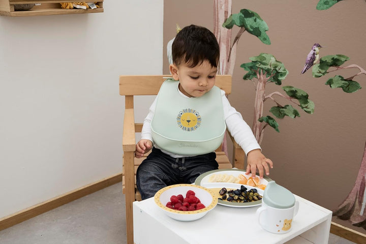 Sterntaler Geschirrset Giraffe & Löwe – Rutschfester Teller, Schale, Besteck & Becher – aus lebensmi