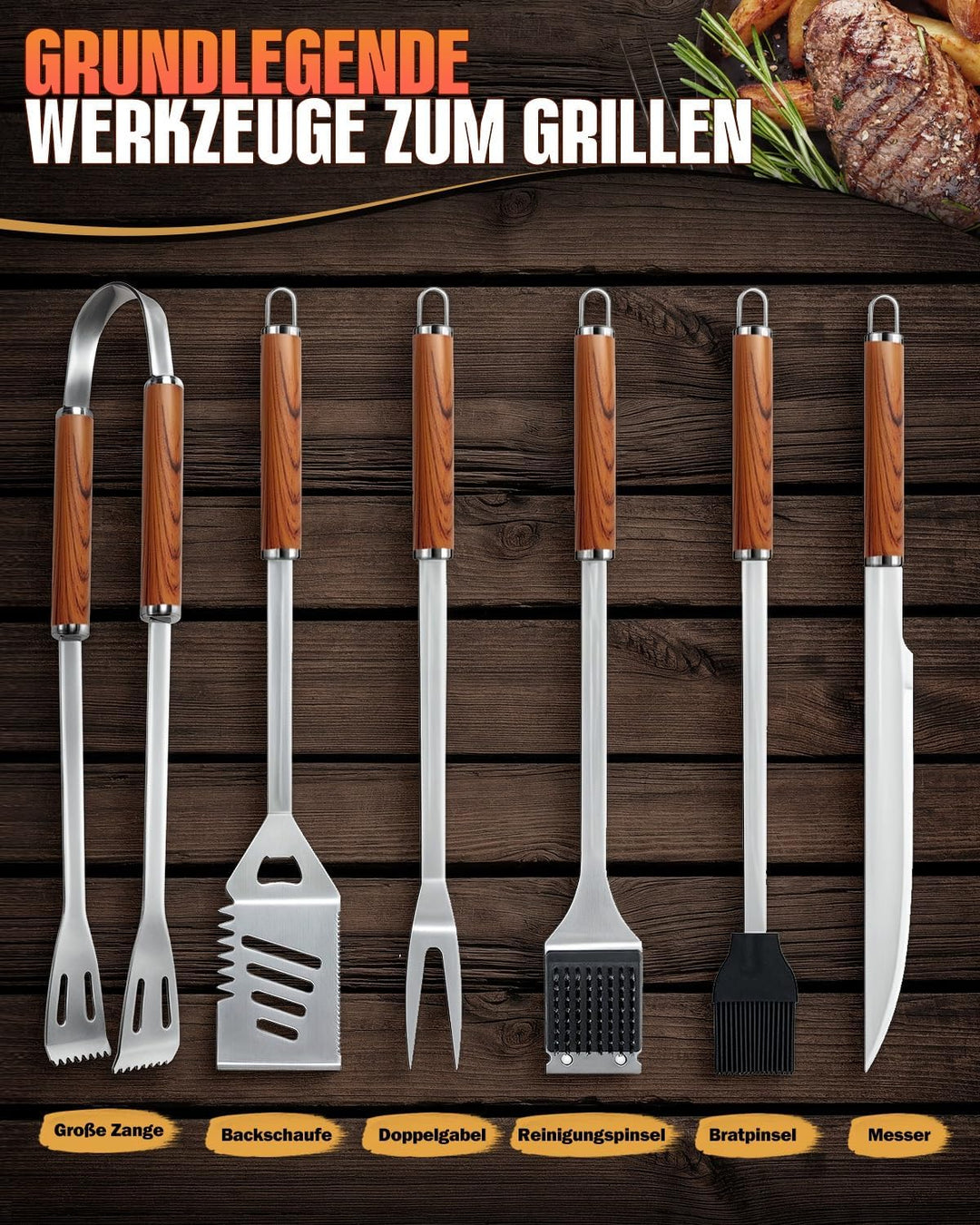 Grillbesteck Set, 6-teilig Edelstahl Grill Zubehör mit Tragetasche, Umfassendes Grillbesteck für das