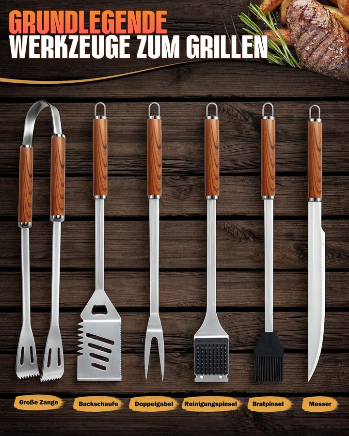Grillbesteck Set, 6-teilig Edelstahl Grill Zubehör mit Tragetasche, Umfassendes Grillbesteck für das