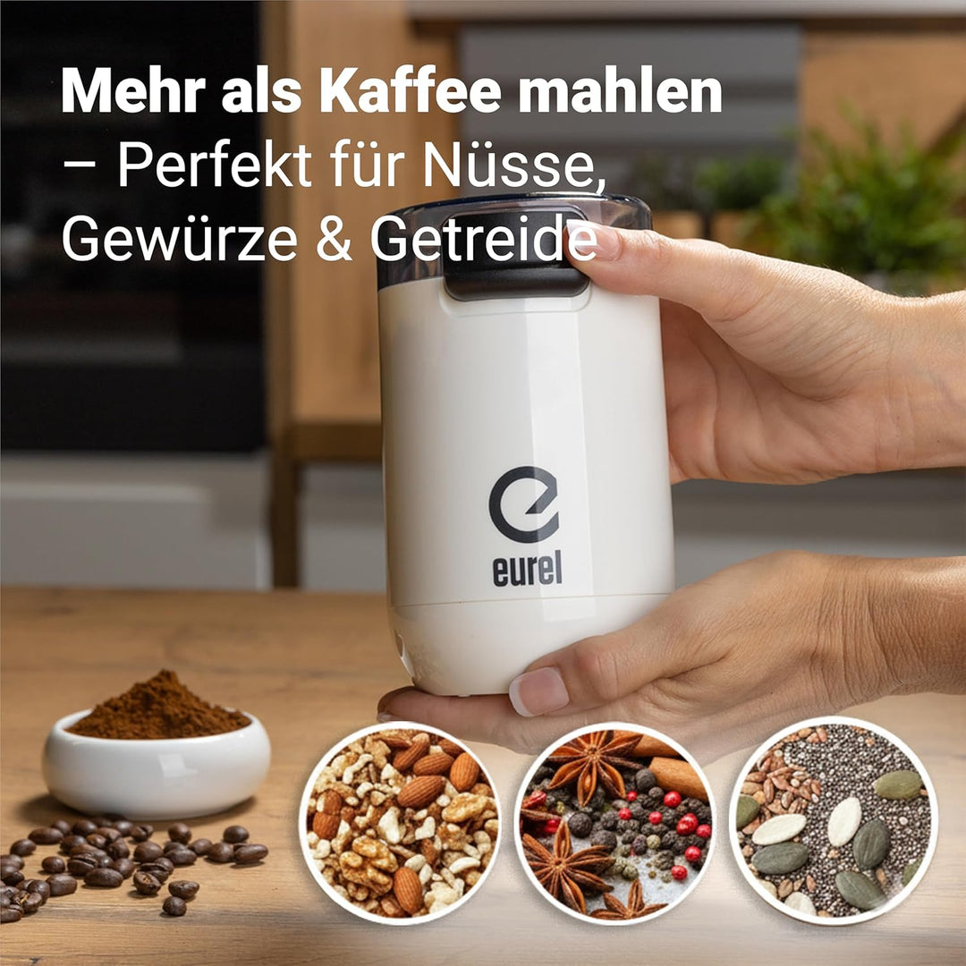 EUREL KMA weisse Kaffeemühle | Beste Mahlergebnisse I Mahlgrad variabel I Edelstahl Mahlbehälter und