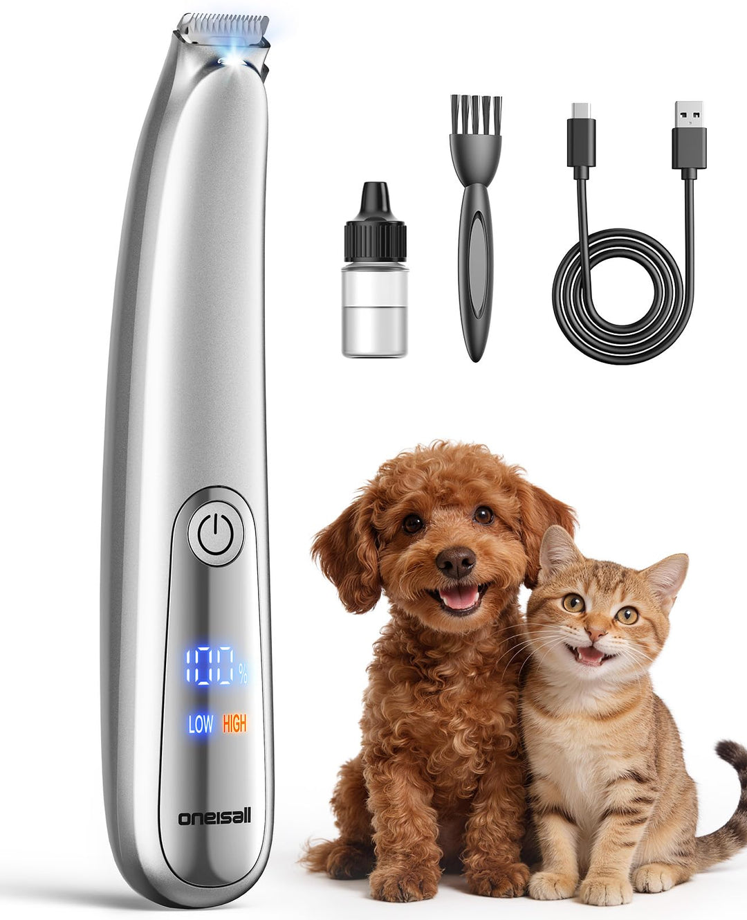 oneisall Pfotentrimmer für Hunde Extra Leise mit LED-Licht, Schermaschine Katze Hundepfoten Trimmer