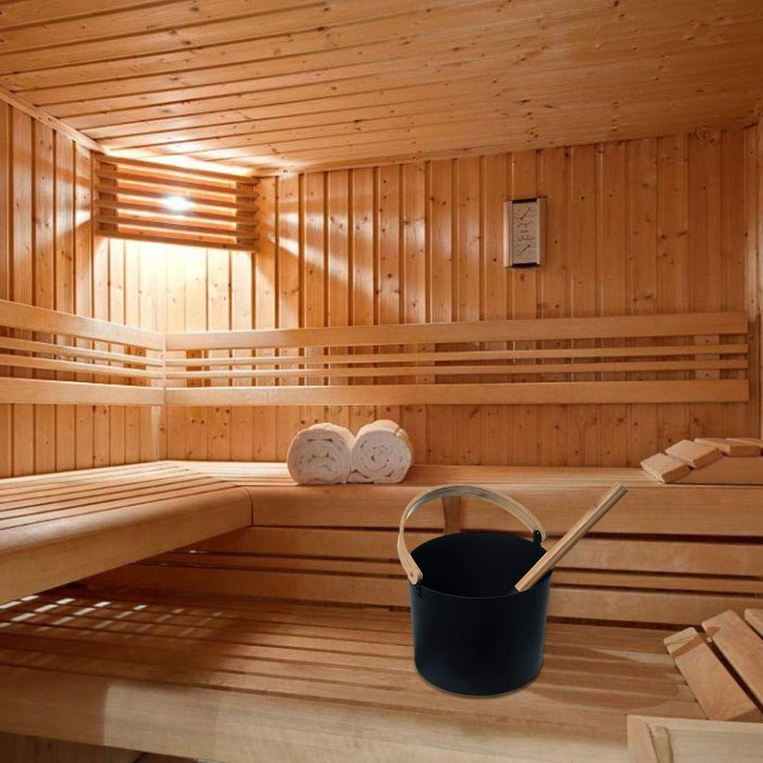 7L Luxuriöser Finnischer Sauna Aluminium Eimer - Sauna Eimer Set mit langem Griff Holzgriff Löffel S