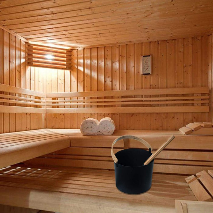 7L Luxuriöser Finnischer Sauna Aluminium Eimer - Sauna Eimer Set mit langem Griff Holzgriff Löffel S