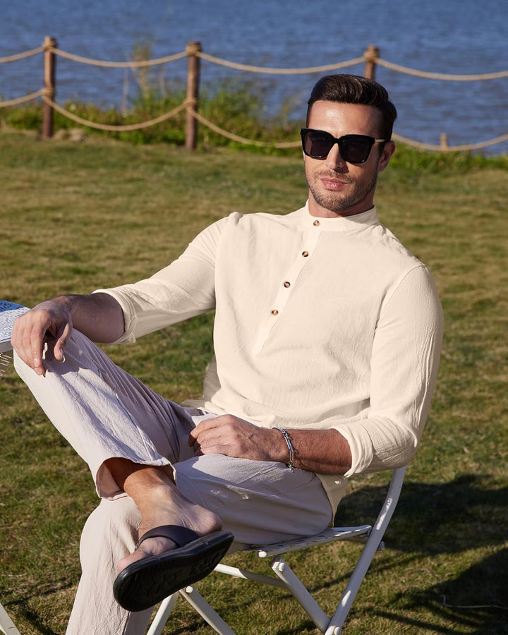 YAOBAOLE Herrenhemd, Leinen, Langarm, Sommer, Mao, lässig, Henley, Strandhemd, klassisch XXL Kaki, X