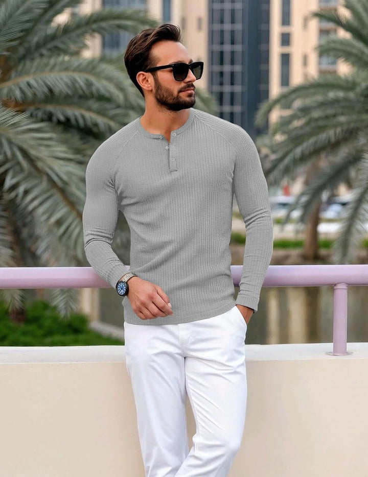 Muscle Cmdr Muscle Henley Shirt Herren Langarm, Slim-fit Langarmshirt, Freizeit T-Shirt aus Baumwoll