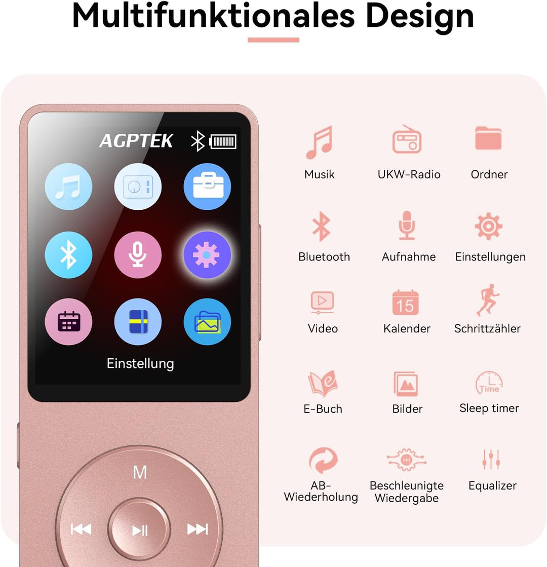 AGPTEK 64GB MP3 Player Bluetooth 5.3 mit Lautsprecher, 40 Stunden Akkulaufzeit Kleiner und klassisch
