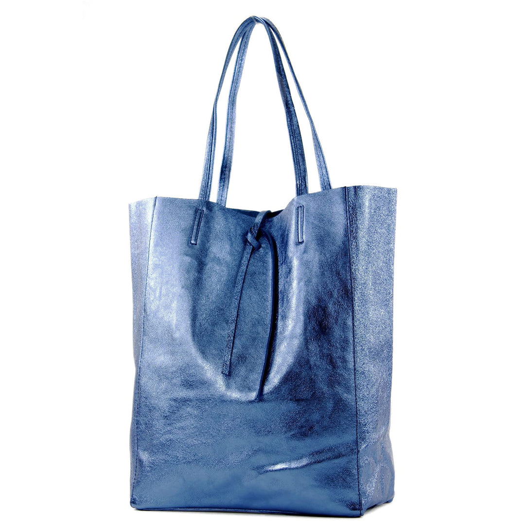 modamoda de - T163 - Ital. Shopper Large mit Innentasche aus Leder Jeansblau-metallic, Jeansblau-met