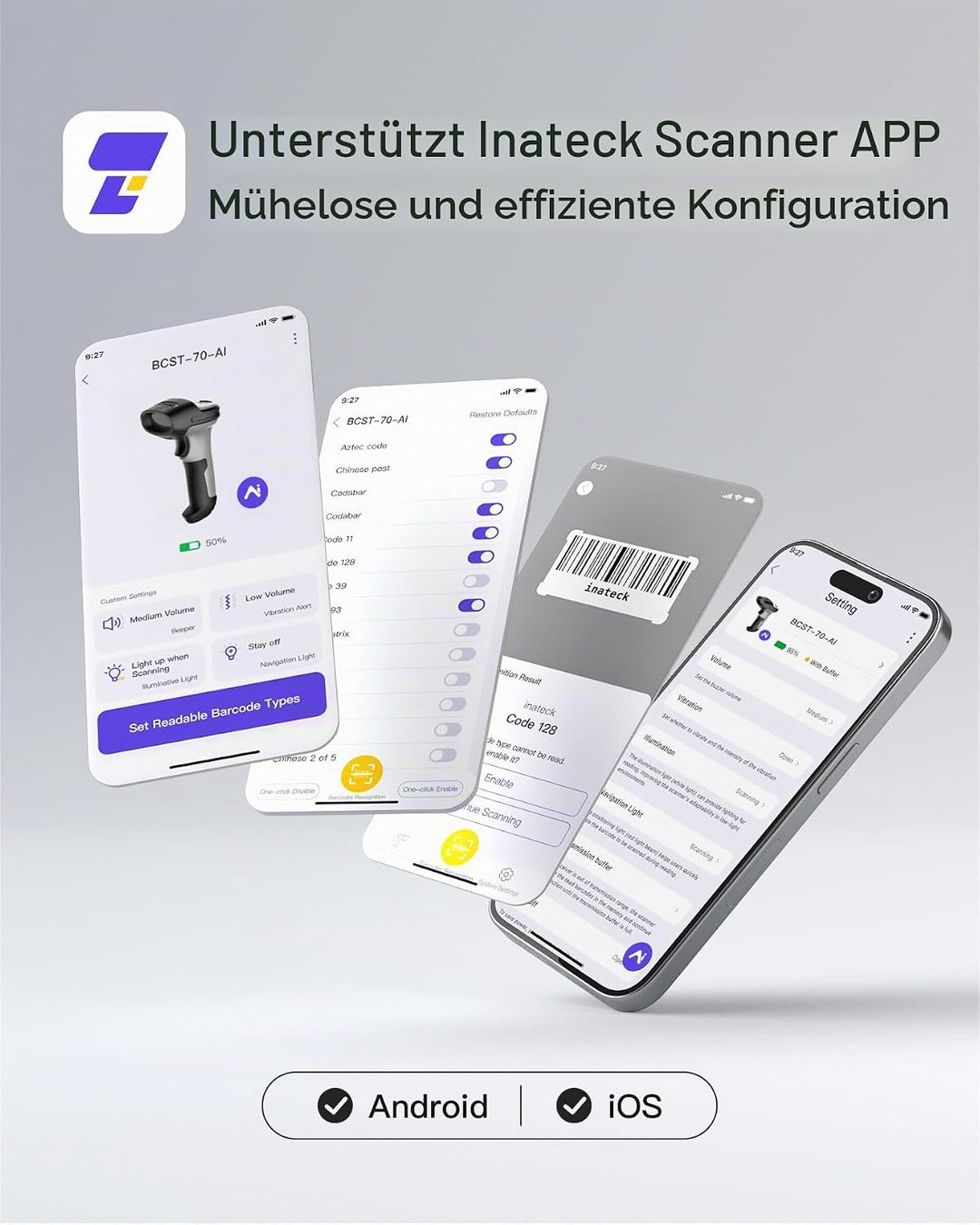 Inateck Barcode Scanner Bluetooth 1D mit AI, Handheld Kabellos, BCST-70 AI | 180 Tage Standby mit Ei