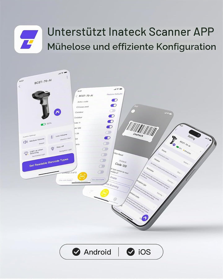 Inateck Barcode Scanner Bluetooth 1D mit AI, Handheld Kabellos, BCST-70 AI | 180 Tage Standby mit Ei