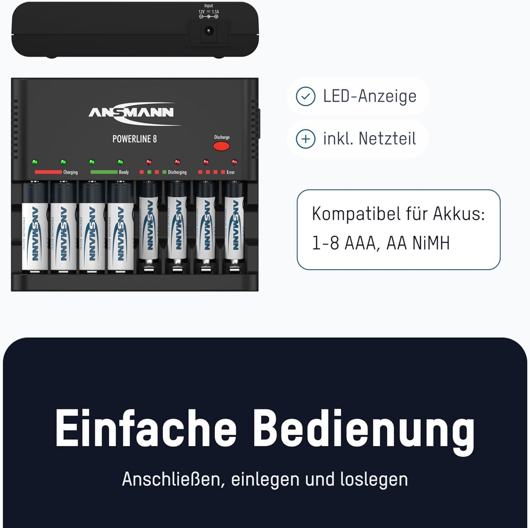 ANSMANN Akku-Ladegerät zum Laden & Entladen von 8X AA/AAA NiMH Akkus - 8-Fach Batterieladegerät mit