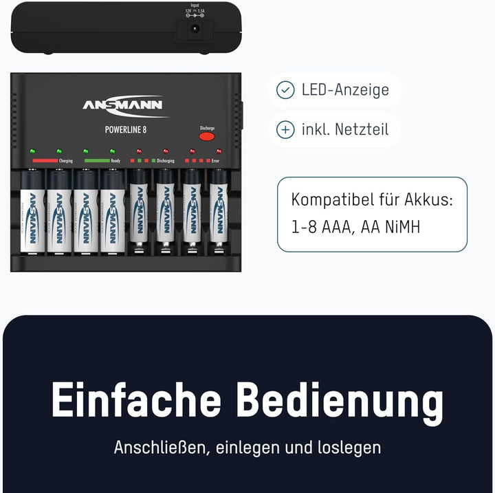 ANSMANN Akku-Ladegerät zum Laden & Entladen von 8X AA/AAA NiMH Akkus - 8-Fach Batterieladegerät mit