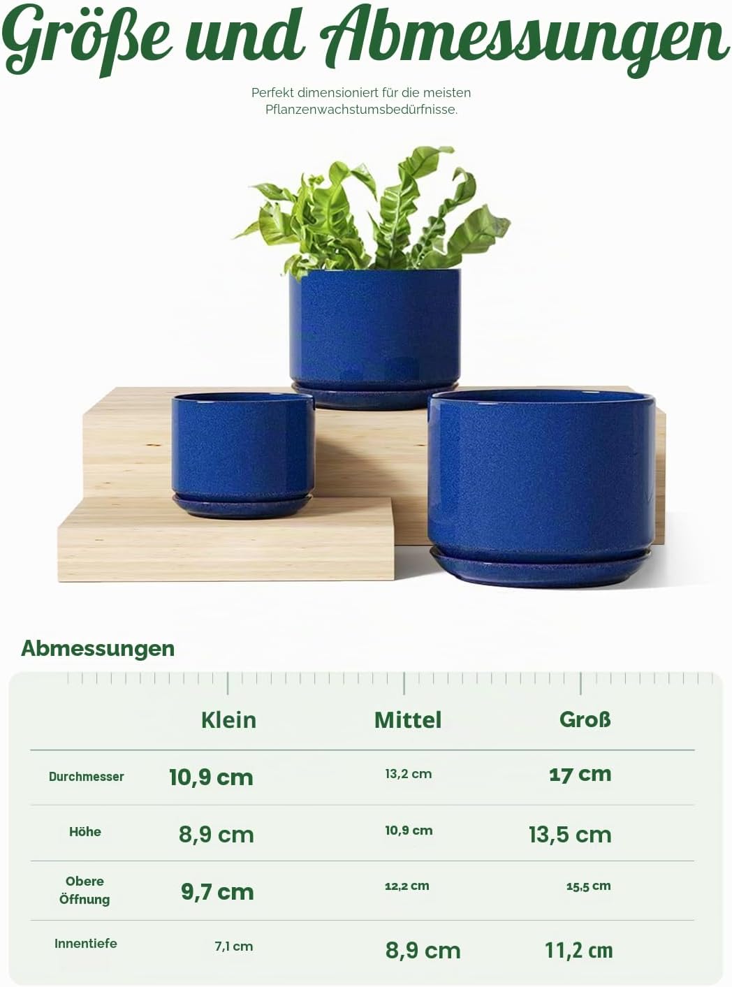 LE TAUCI Keramik Blumentöpfe 4,3+5,3+17,3 cm, 3er Set, Pflanzgefässe mit Drainageloch und Untersetze
