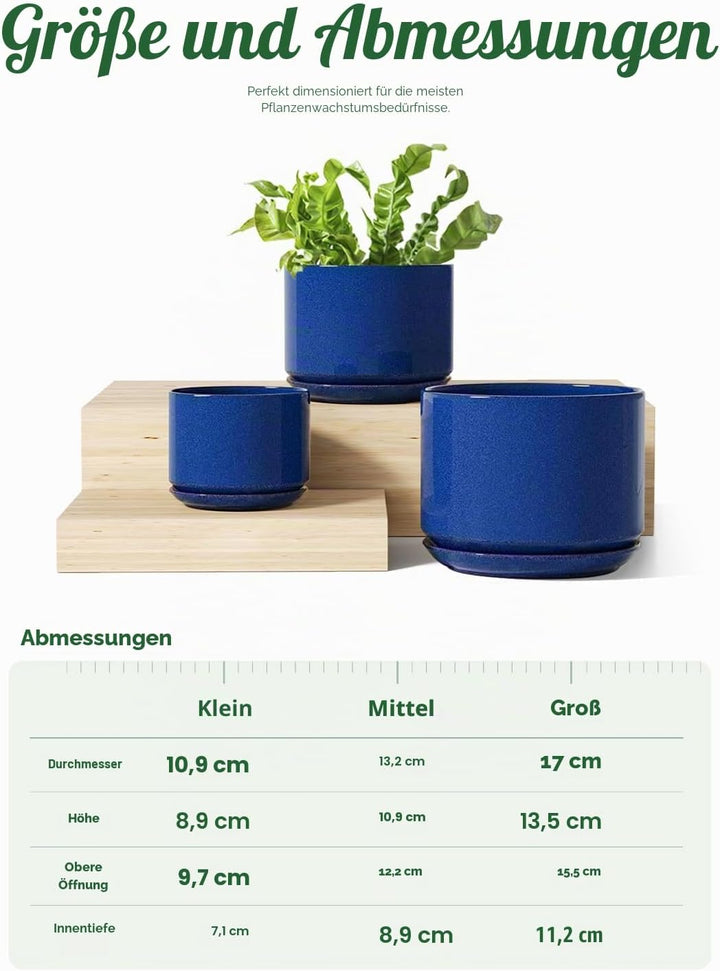 LE TAUCI Keramik Blumentöpfe 4,3+5,3+17,3 cm, 3er Set, Pflanzgefässe mit Drainageloch und Untersetze