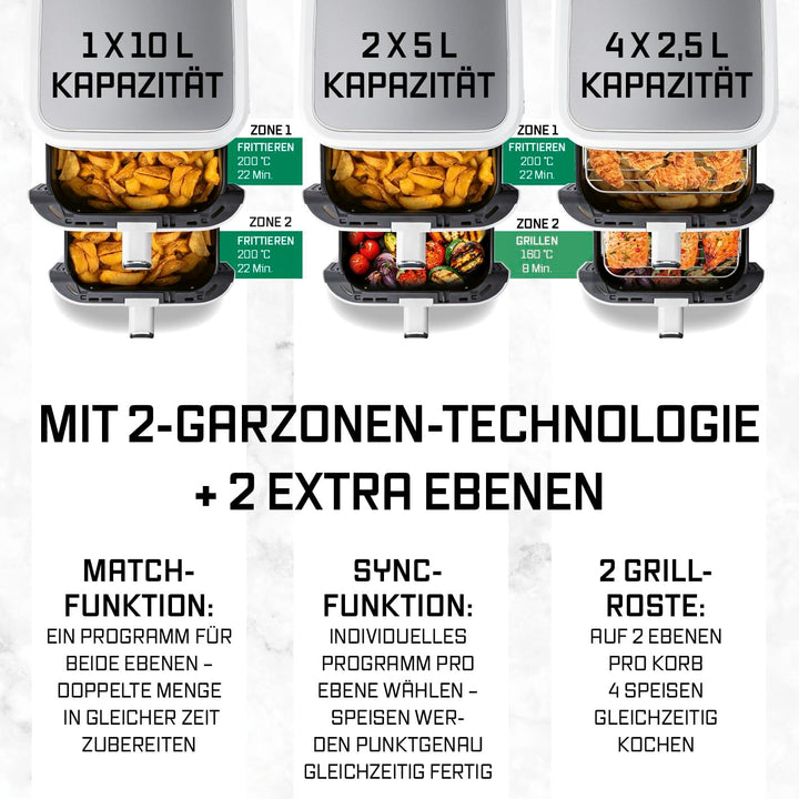 GOURMETmaxx FryUp Vertikale Doppelkammer Heissluftfritteuse | vertikaler Airfryer | klappbares Touch