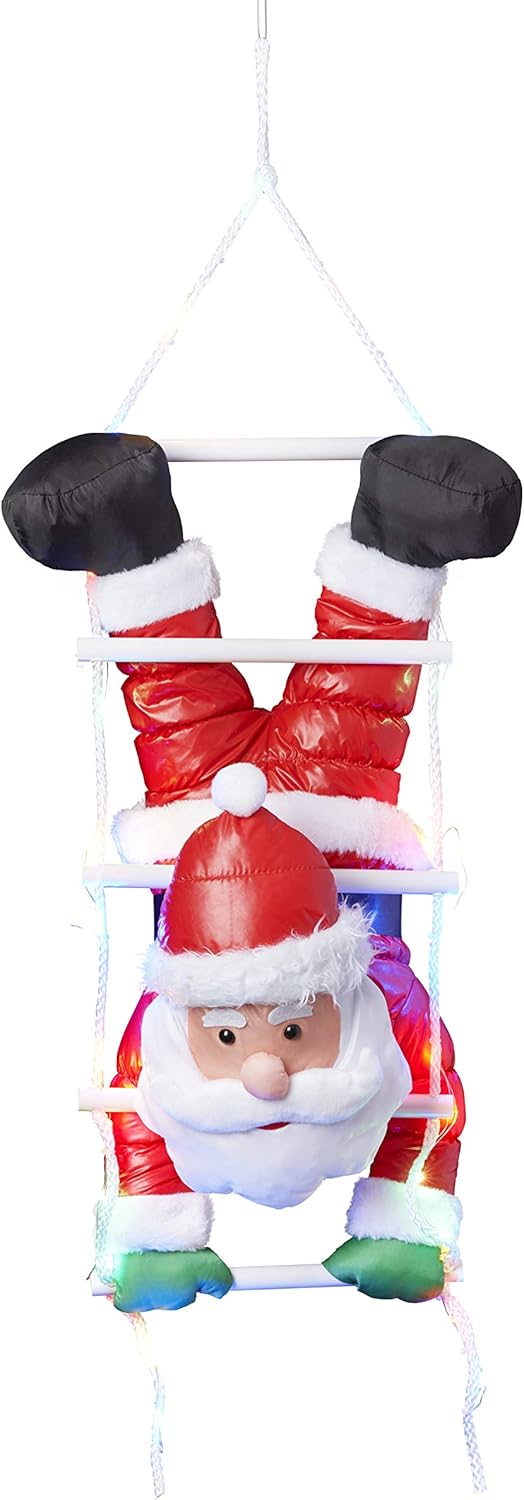 Bonetti Weihnachtsmann kopfüber auf Strickleiter, die Leiter ist mit 30 bunten LEDs beleuchtet, klet