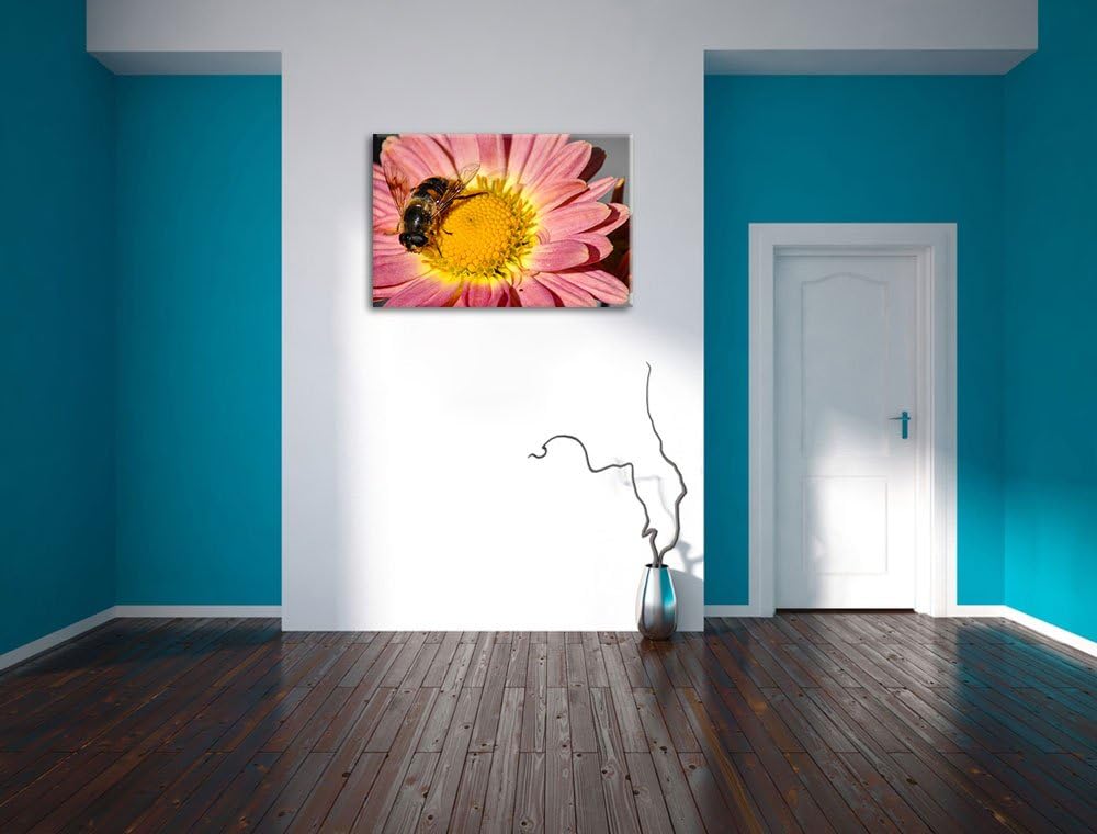 winzige Biene auf Margarete schwarz/weiss auf Leinwand, XXL riesige Bilder fertig gerahmt mit Keilra