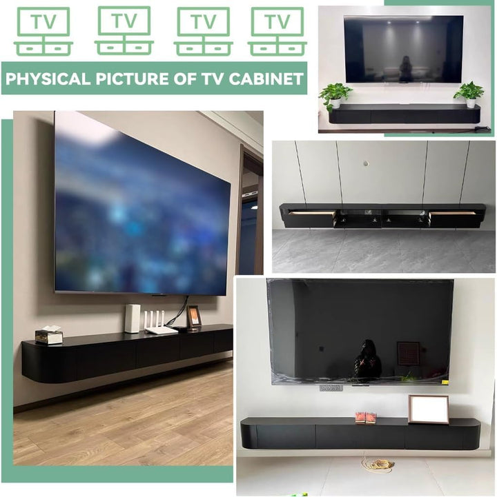 Schwebender TV-Schrank mit Schubladen und Tür, an der Wand befestigte Holz-Medienkonsole, TV-Speiche