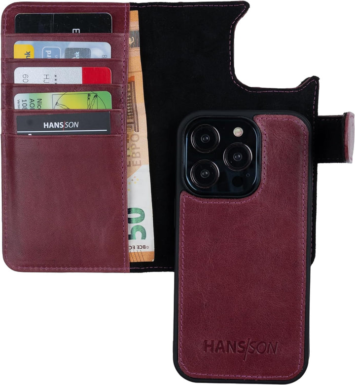 HANS/SON Klappbare Echtlederhülle in Magenta | iPhone 14 Pro Max Ledercase mit Kartenfächern | Leder