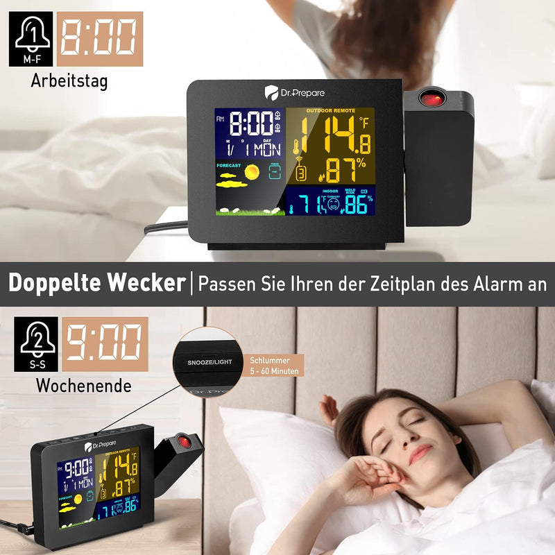 DR.PREPARE Projektionswecker Digitaler Wecker mit Projektion Wecker Wetterstation mit Aussensensor z