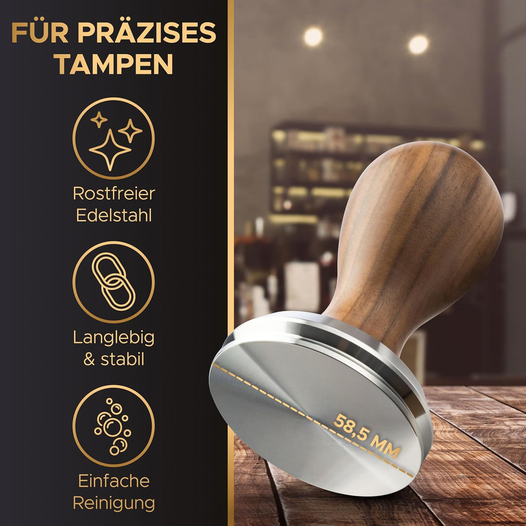 BaristaLegends Espresso Tamper 58,5mm – Präziser Kaffee-Tamper mit Edelstahlbase und Holzgriff, Anti