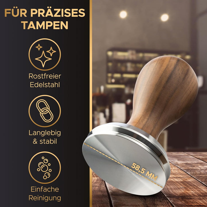 BaristaLegends Espresso Tamper 58,5mm – Präziser Kaffee-Tamper mit Edelstahlbase und Holzgriff, Anti