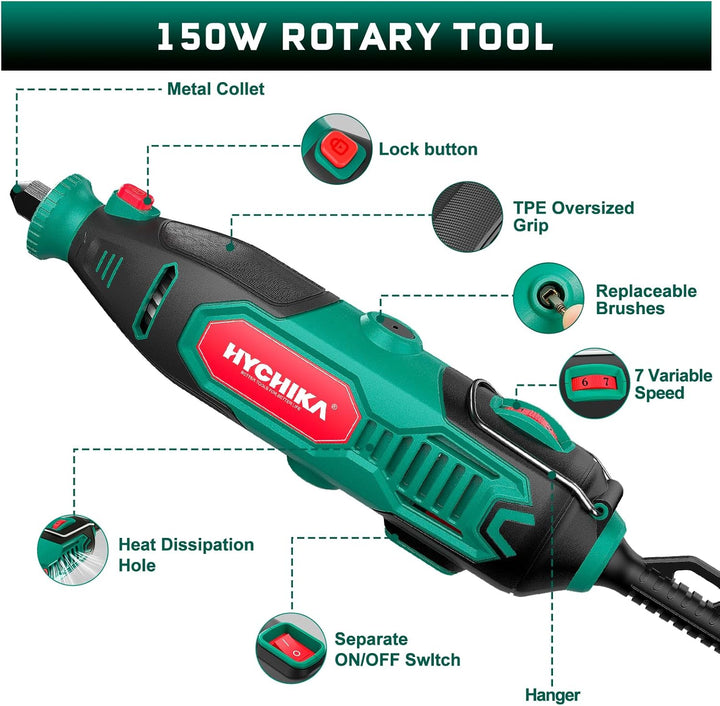 HYCHIKA Rotationswerkzeug-Set mit Kettensägenschärfer, 150 W, kabelgebundenes Drehwerkzeug, 7 variab
