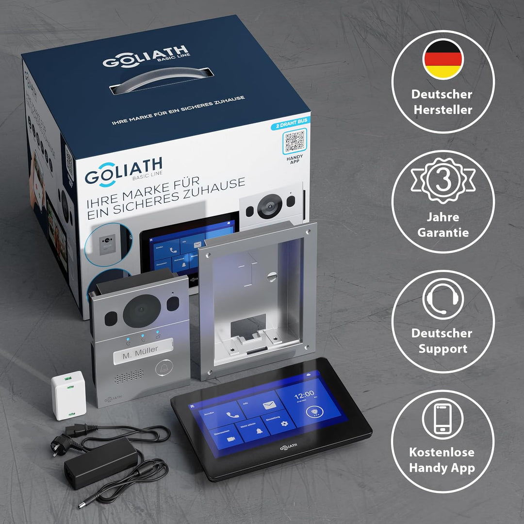 GOLIATH Basic Video Türsprechanlage, 2 Draht Bus, 7" Monitor, Unterputz Türklingel mit Kamera, Gegen