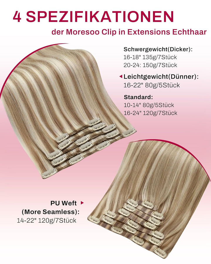 Moresoo Clip in Extensions Echthaar Braun mit Blond Remy Echthaar Extensions Clip Doppelt Tressen Cl