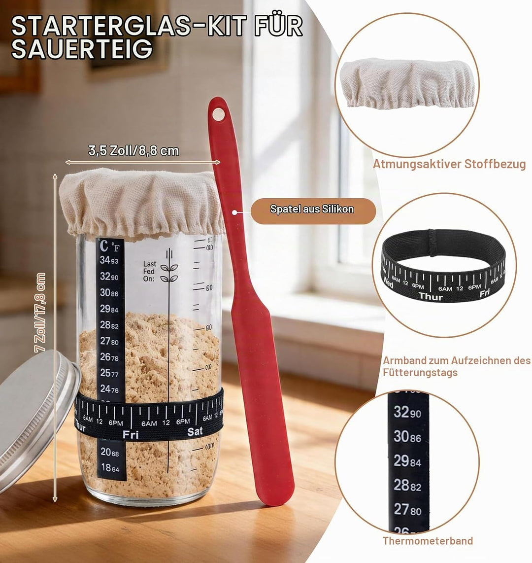 Sauerteig Starter Set, Sauerteig Glas, Runde Gärkörbchen für Brot Gärkorb mit Abdeckungen, Geschenk